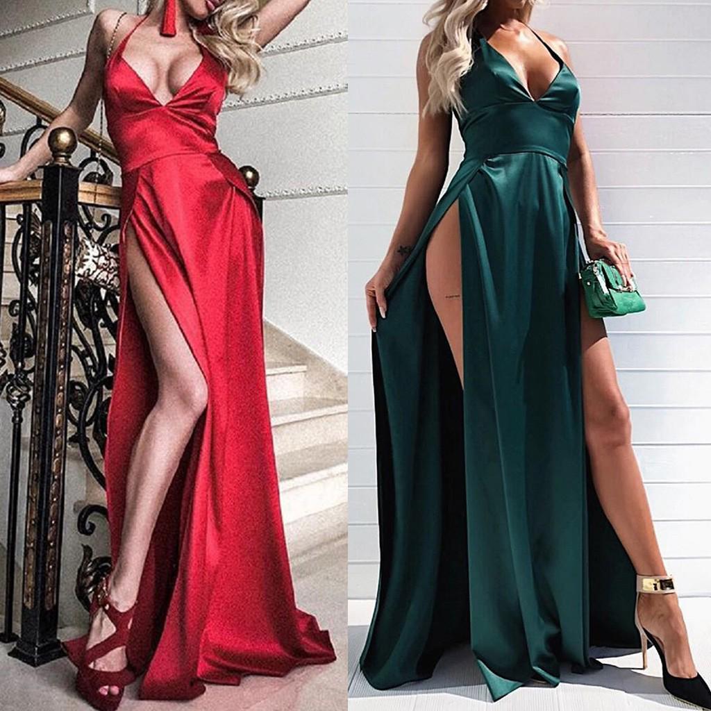 

Женское сексуальное платье с разрезом до пола и v-образным вырезом