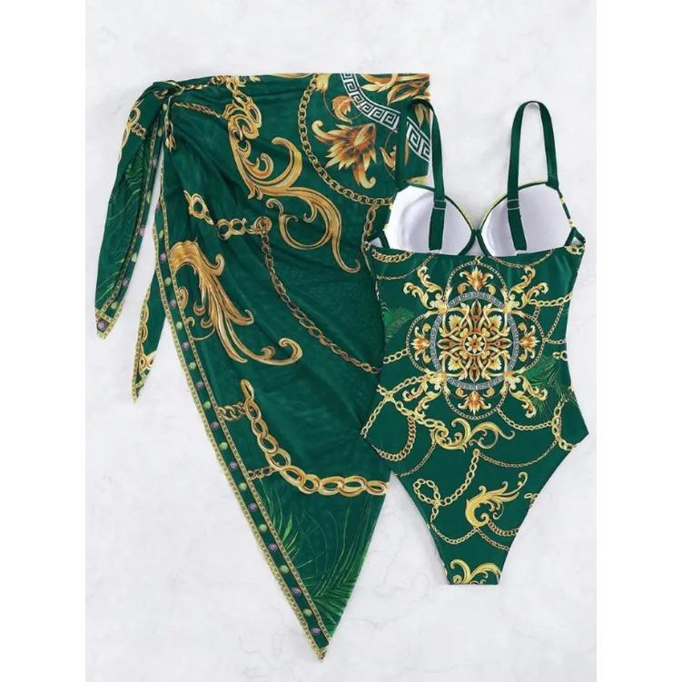 Роскошные купальники 2025 года, цельный купальник на косточках + сетчатые накидки, женские сексуальные монокини больших размеров, бикини с пуш-апом, цепочки, пляжная одежда S зелёный