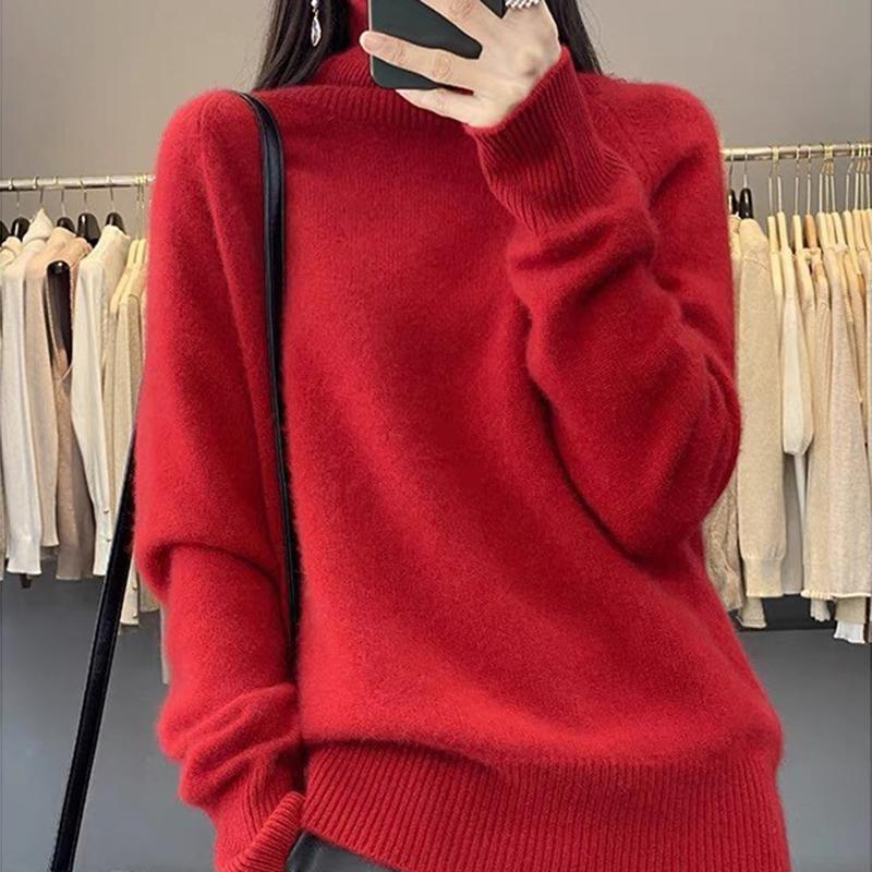 Women Autumn Winter High Collar Long Sleeve Wardrobe Staple Warm Solid Color Comfy Loose Pullovers Knitted Sweater Top
