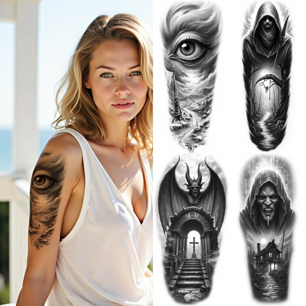 3pcs Temporary Tattoo Realistic Temporary Tattoos Bat Wings Dragon Dark Hooded Figure For Women Men Arms