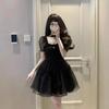 Women's High-End French Style Black Puff Sleeve Dress - Summer Waist-Hugging Short Princess Dress