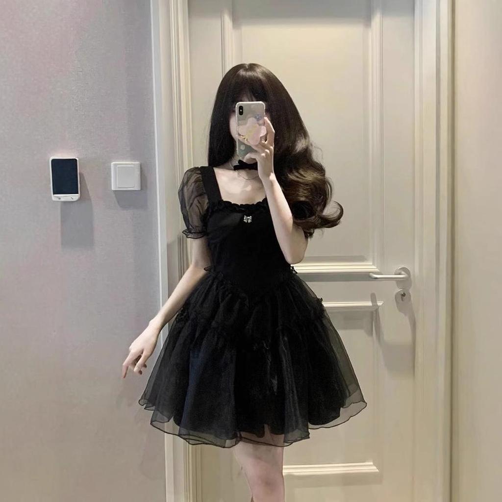 Women's High-End French Style Black Puff Sleeve Dress - Summer Waist-Hugging Short Princess Dress