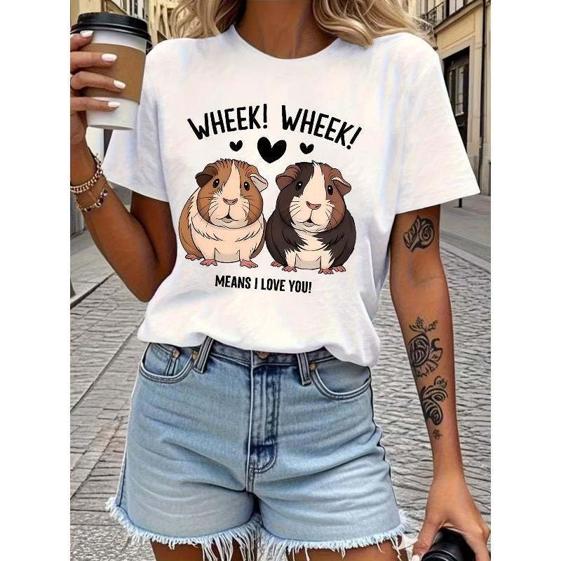

Women s Cute Guinea Pig Print T-Shirt Crew Neck Short Sleeve Casual All-Season Daily Tee S белый