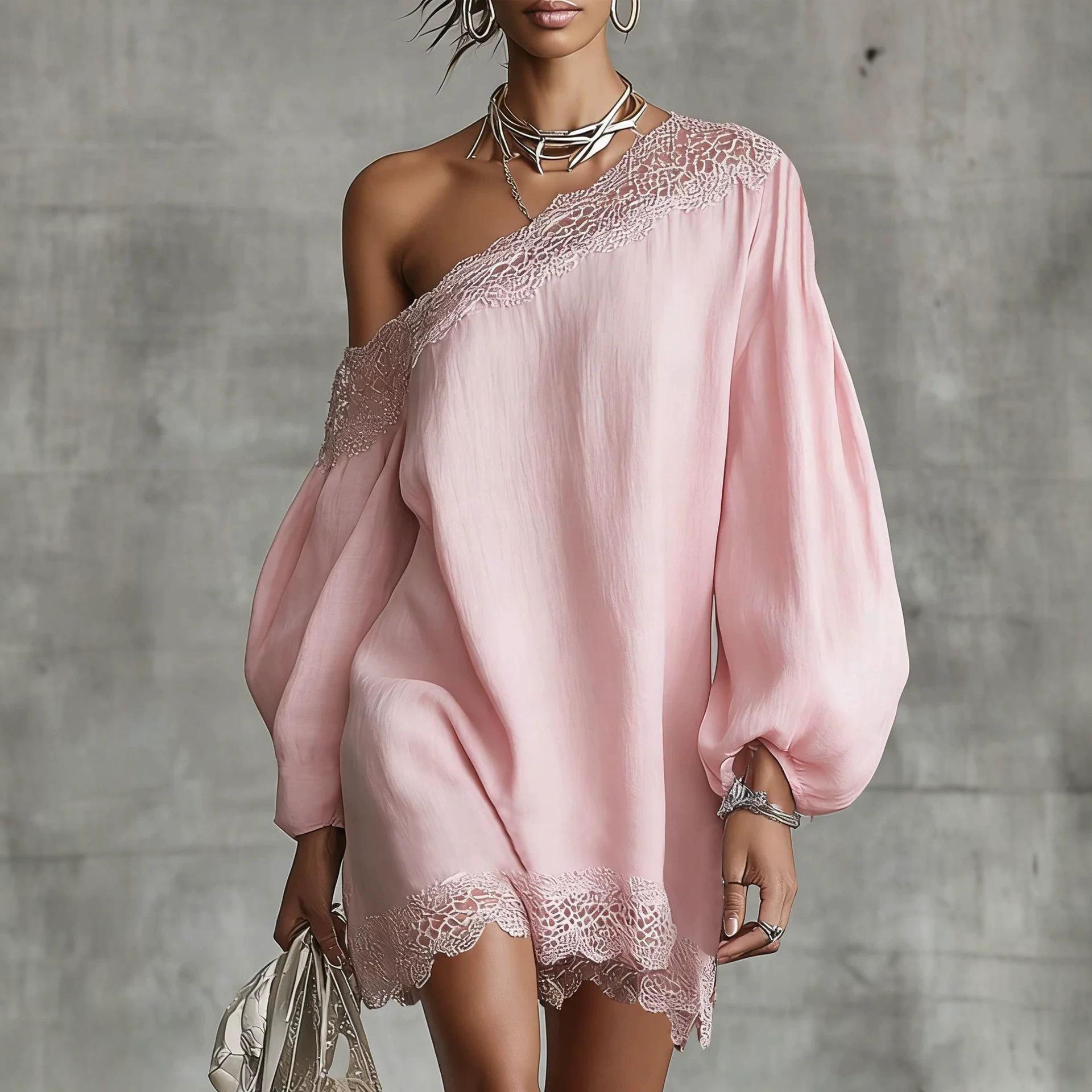 Women Pink One Shoulder Long Sleeve Lace Trim Dress Asymmetrical Neckline Midi Dress S