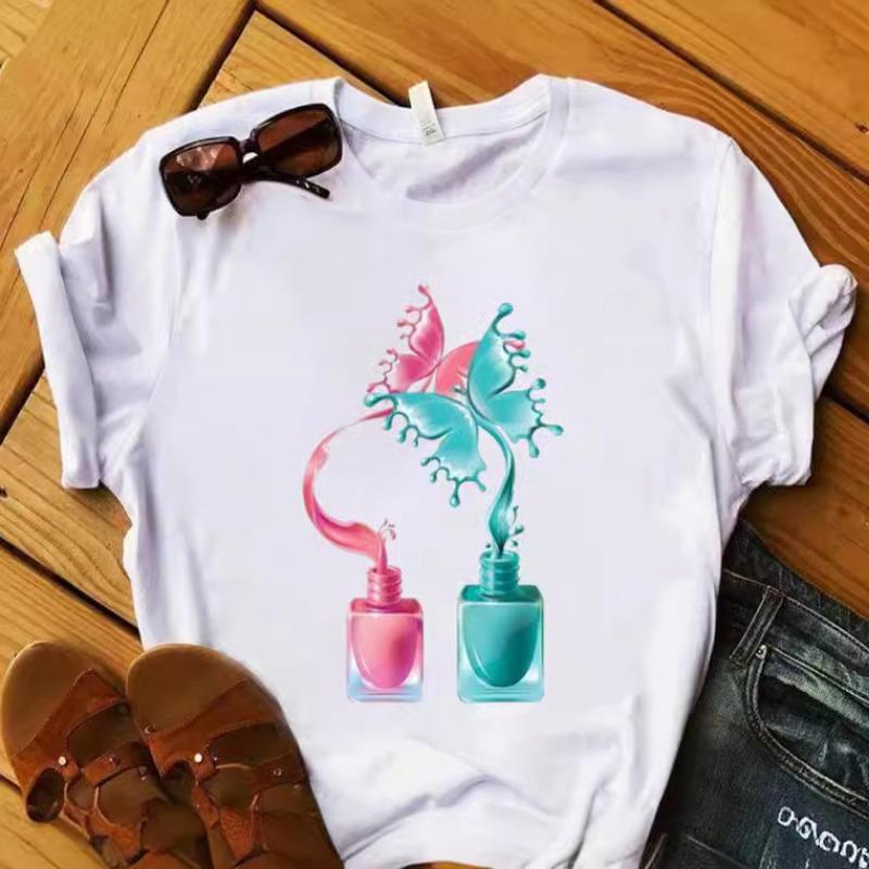 European and American Nail Polish Simple Women's Casual Cute Large Size Short-sleeved T-shirt Women Clothes Tops