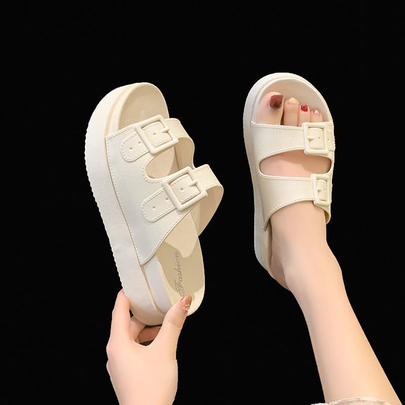 Indoor non-slip one-word drag muffin bottom Internet celebrity slippers 2025 summer Korean version heightening casual beach shoes women's outer wear