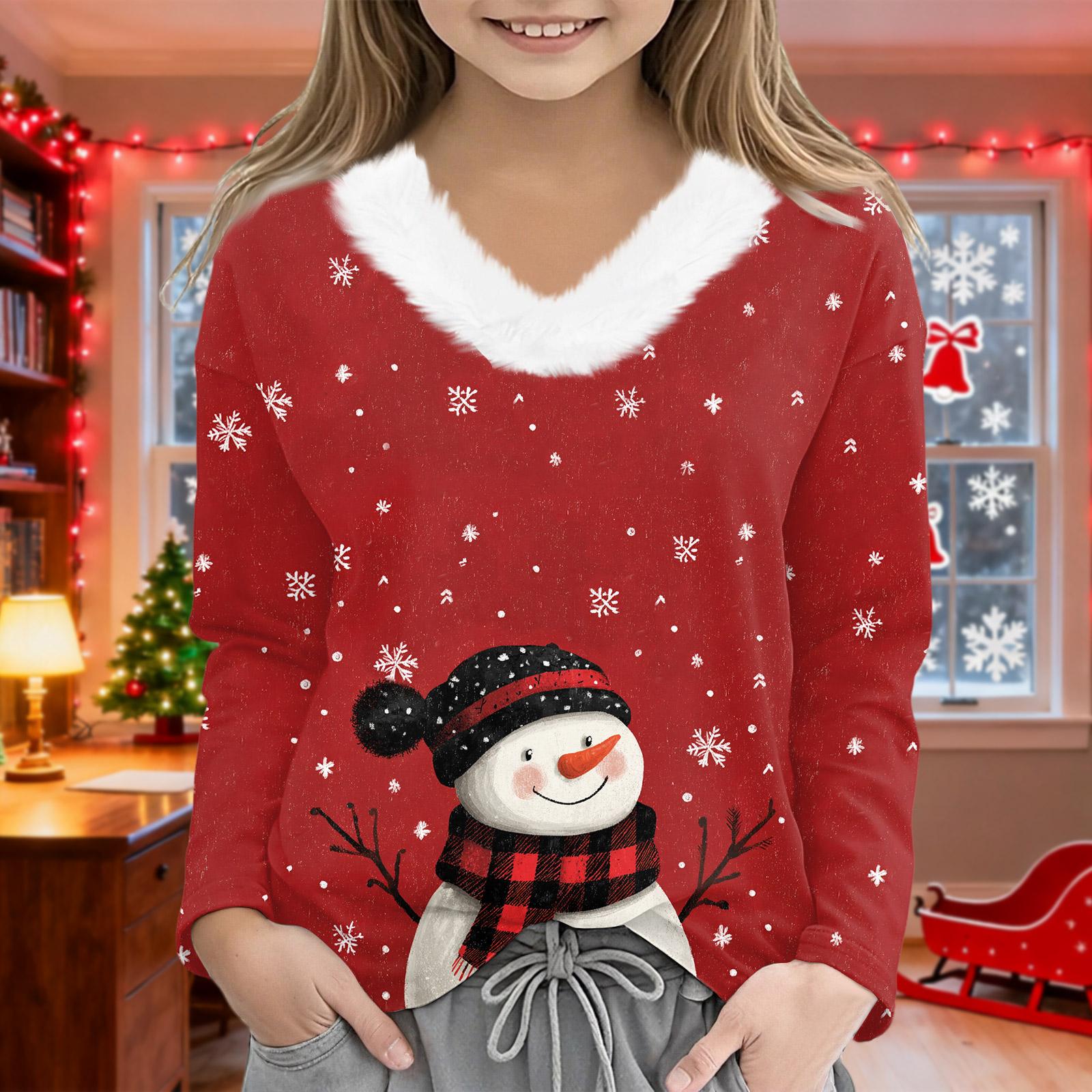 

Рождественские футболки с длинным рукавом для девочек, детская футболка с V-образным вырезом, рождественский принт, топ с длинным рукавом 130 киноварь