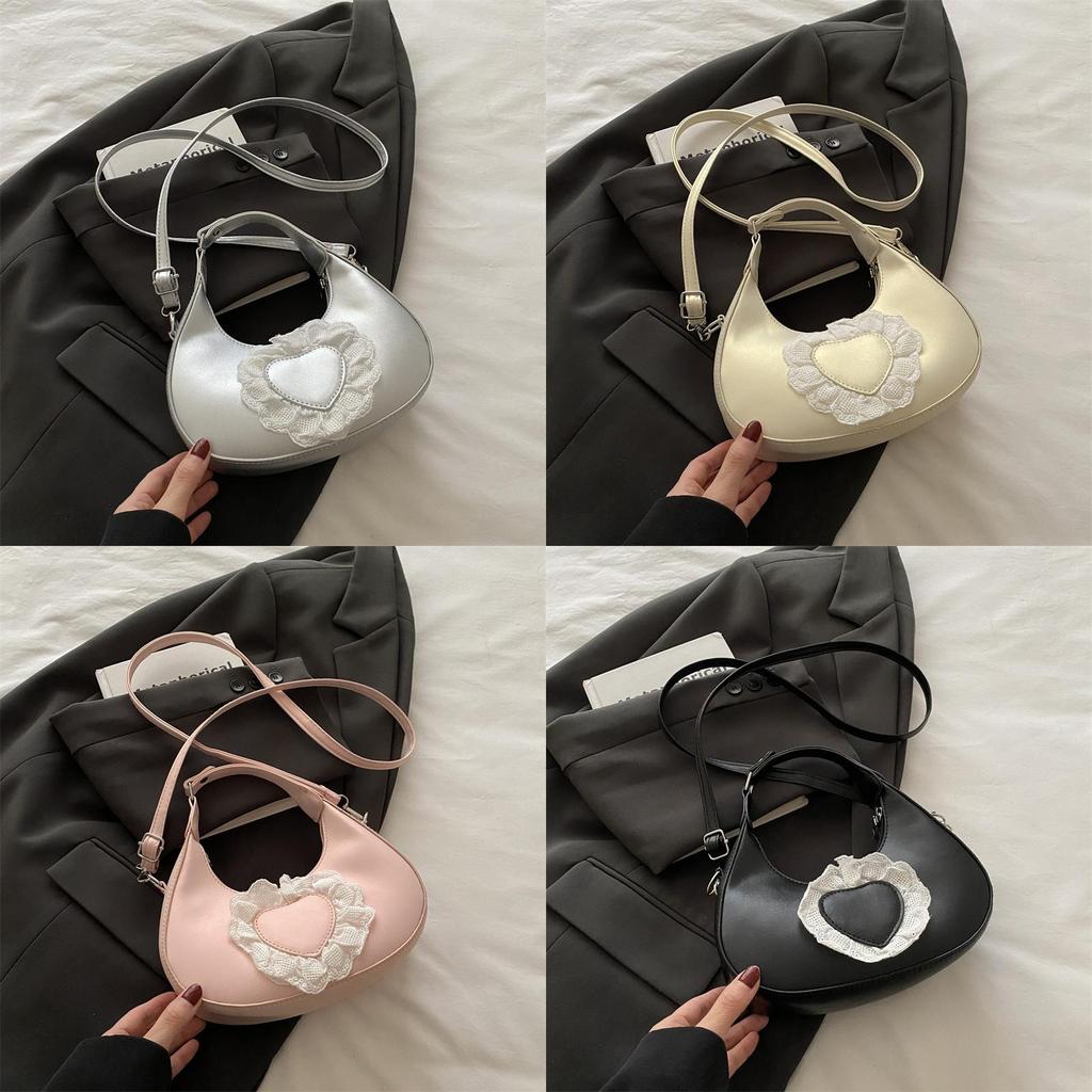 Pu Dumpling Shaped Handbag With Heart Lace Design For Casual Outings