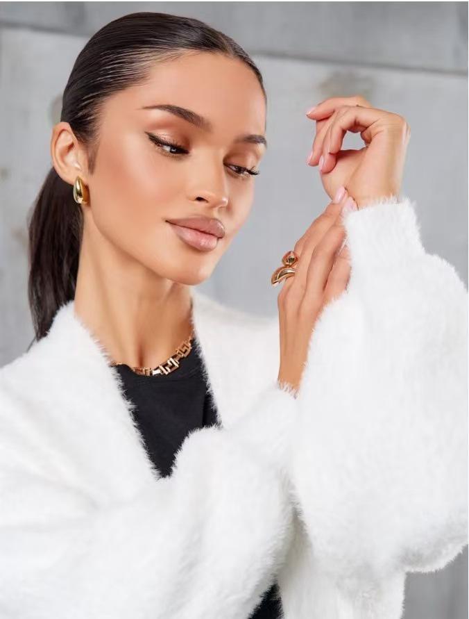 White Mink Velvet Loose Knit Cardigan Sweater - Women's Solid Color Spring & Autumn Outerwear