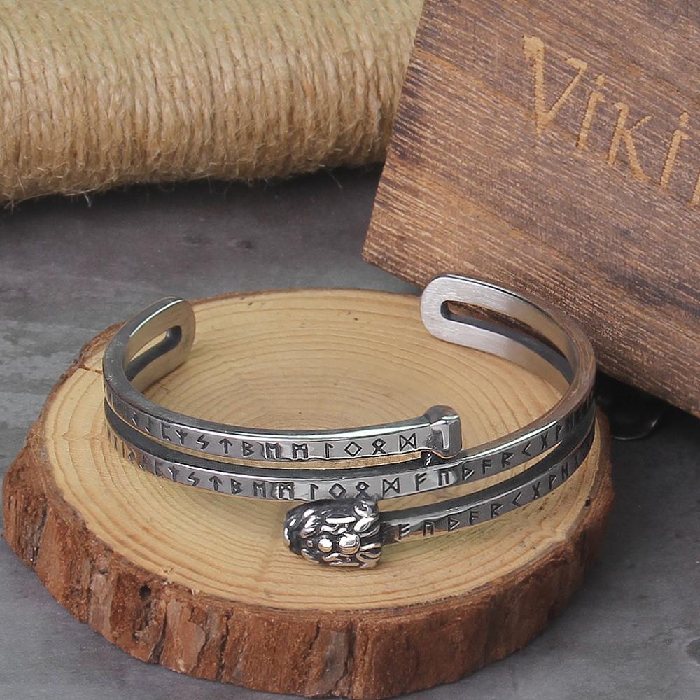 Nordic Viking Rune Dragon Bracelet Adjustable Cuff Bangle with Valknut Stainless Steel Men Jewelry Gift Box