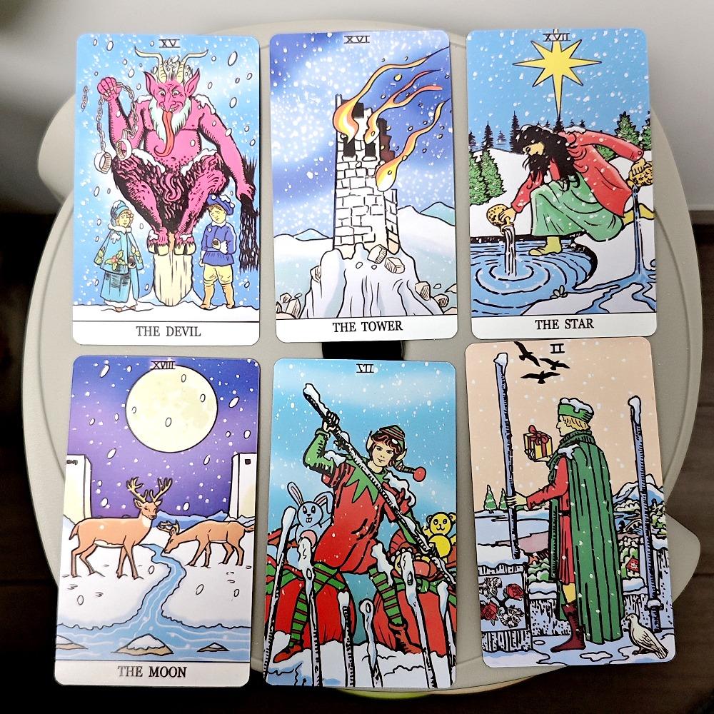 Winter Waite Tarot, 78-teiliges Tarot mit Bildern vor winterlichem Hintergrund, basierend auf dem Rider Tarot des RWS-Systems, 12 x 7 cm