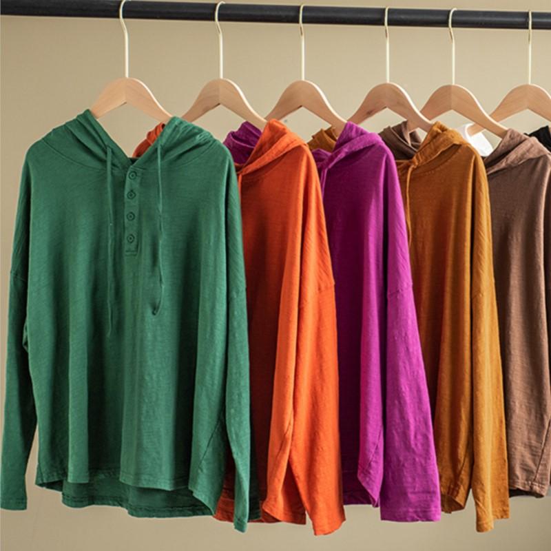 Women Vintage Hooded T-Shirts Solid Color Long Sleeve Cotton Blend Tees Spring Button Casual Loose T-Shirts