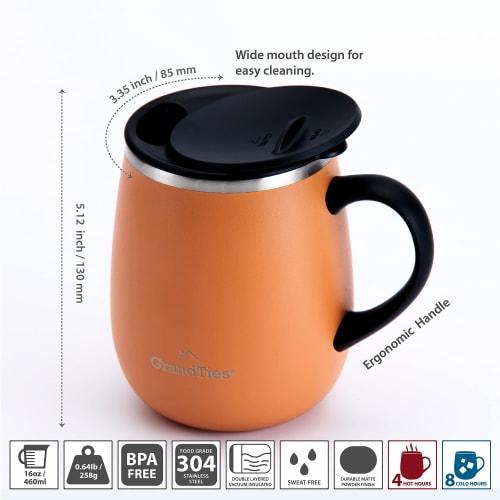 GRANDTIES Premium Vacuum Insulated Mug, 460ml, Available in 19 Colors, with Easy-Open Sliding Lid, Stainless Steel Double-Wall Vacuum Insulation, and