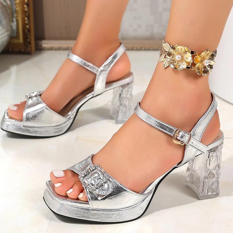 Fashion Luxury Buckle Decor High Heel Sandals Women Open Toe Transpartent Heel Sandals Woman Fashion Sequins Non Slip Sandalias Mujer