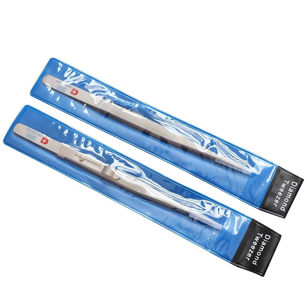 Diamond Stone Tweezers Gem and Jewelry Tweezers Stainless Steel Slide Locking Serrated Fine Pointed Tip Tweezers with Gem Slot (Straight Pointed Tip)