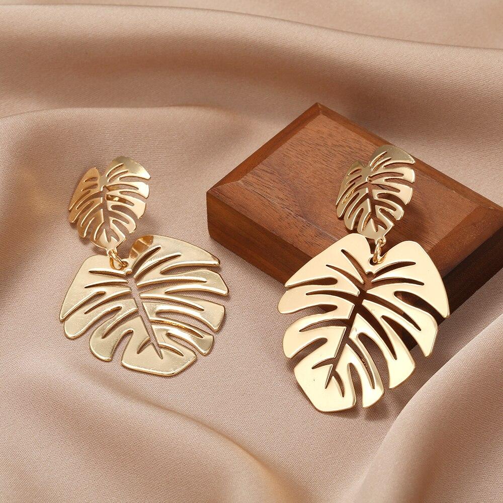 Bohemian Hollow Exaggerated Leaf Dangle Drop Earring For Women Lady Geometric Gold-color Tropical Plant Female Jewelry New Gifts