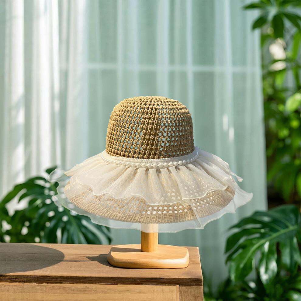 (One Size, Khaki) Women's Woven Sun Hats Outdoor Fashionable Mesh Pearl Wide Brim Sun Protection Beach Hat