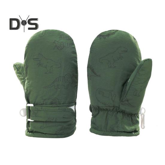 1 Pair Children Winter Mittens Thick Plush-lined Windproof Cartoon Dinosaur Cold Weather Outdoor Gloves Adjustable Fasten Strap Anti-Slip Ski Gloves
