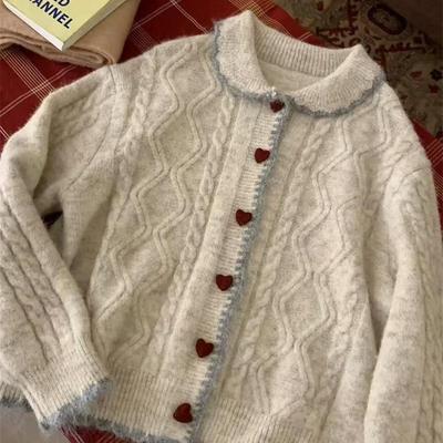 Women's Slimming Heart Button Cardigan - Spring Casual Knitwear with Straight Shoulder and Gentle Style