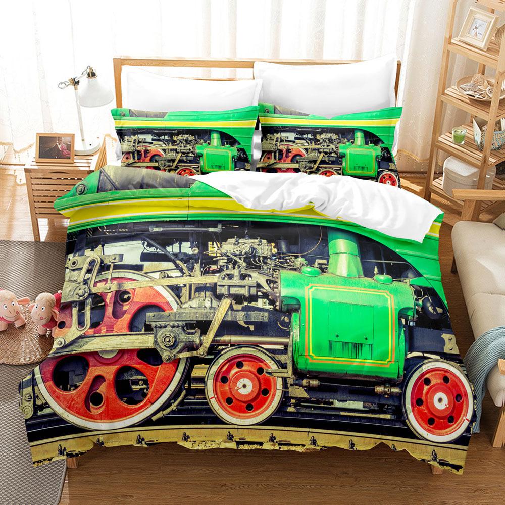 Steam Engine Duvet Cover Set Transportation Old Train King Queen Full Size Polyester Bedding Set for Teen Boys Adult Living Room
