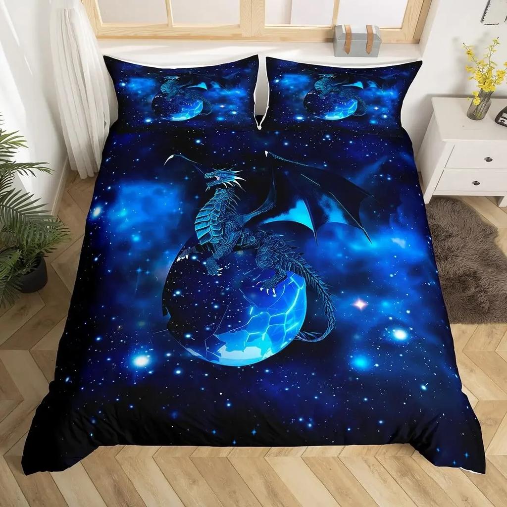 Magische Fliegende Drachen Bettwäscheset Helle Bunte Fliegende Drachen Tierwelt Jungen Bettdeckebezug Weltraum Galaxie Männer Bettwäsche Set