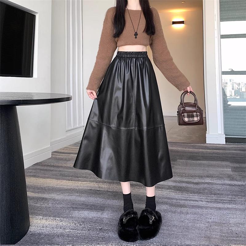 2024 Herbst/Winter Damen Schwarzer PU-Leder High-Waist A-Linien Midi-Rock