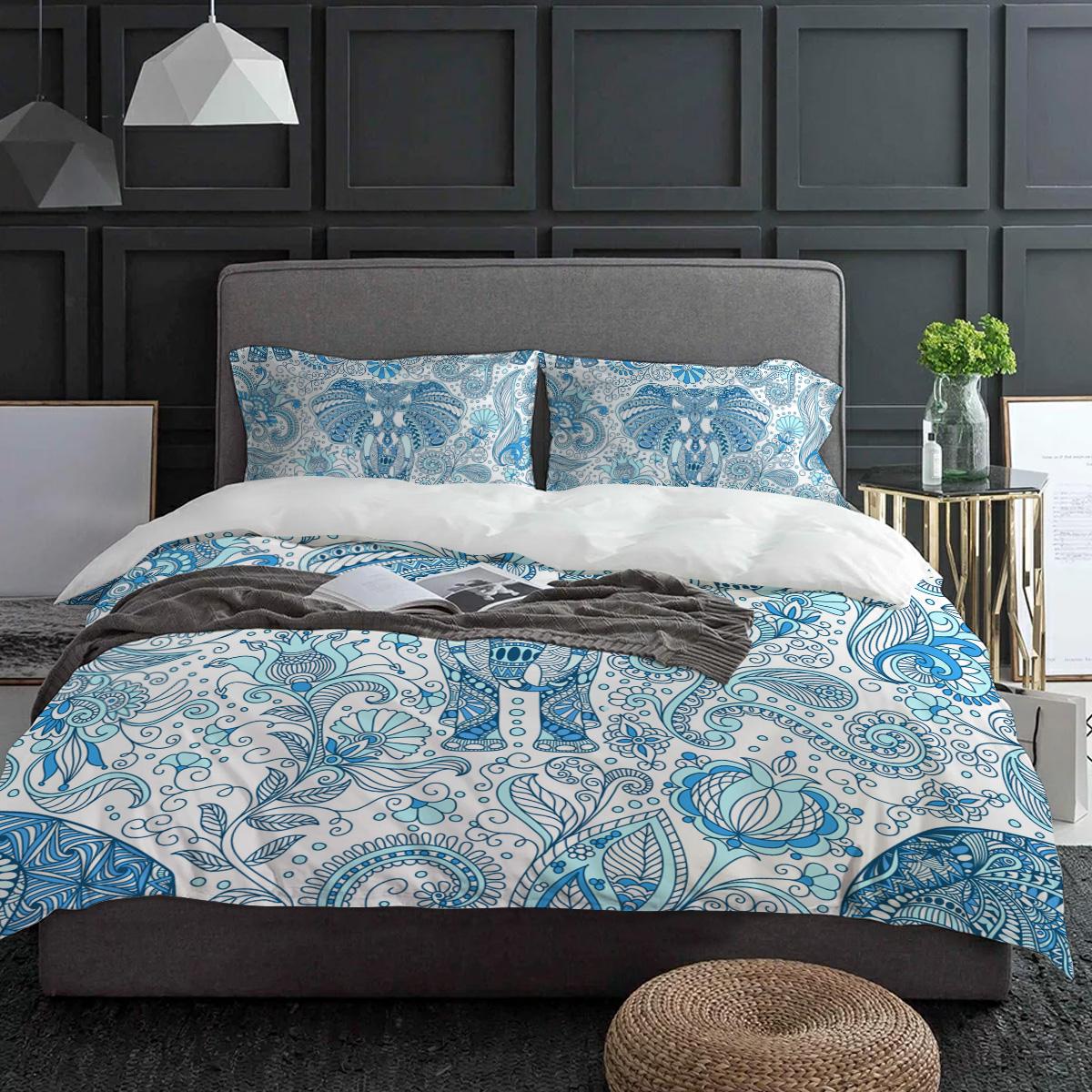 

Bohemian Elephant Texture Flowers Duvet Cover With Pillow Case Custom 3pcs Bedding Set Quilt Cover Double Bed Home Textile (135x200cm)