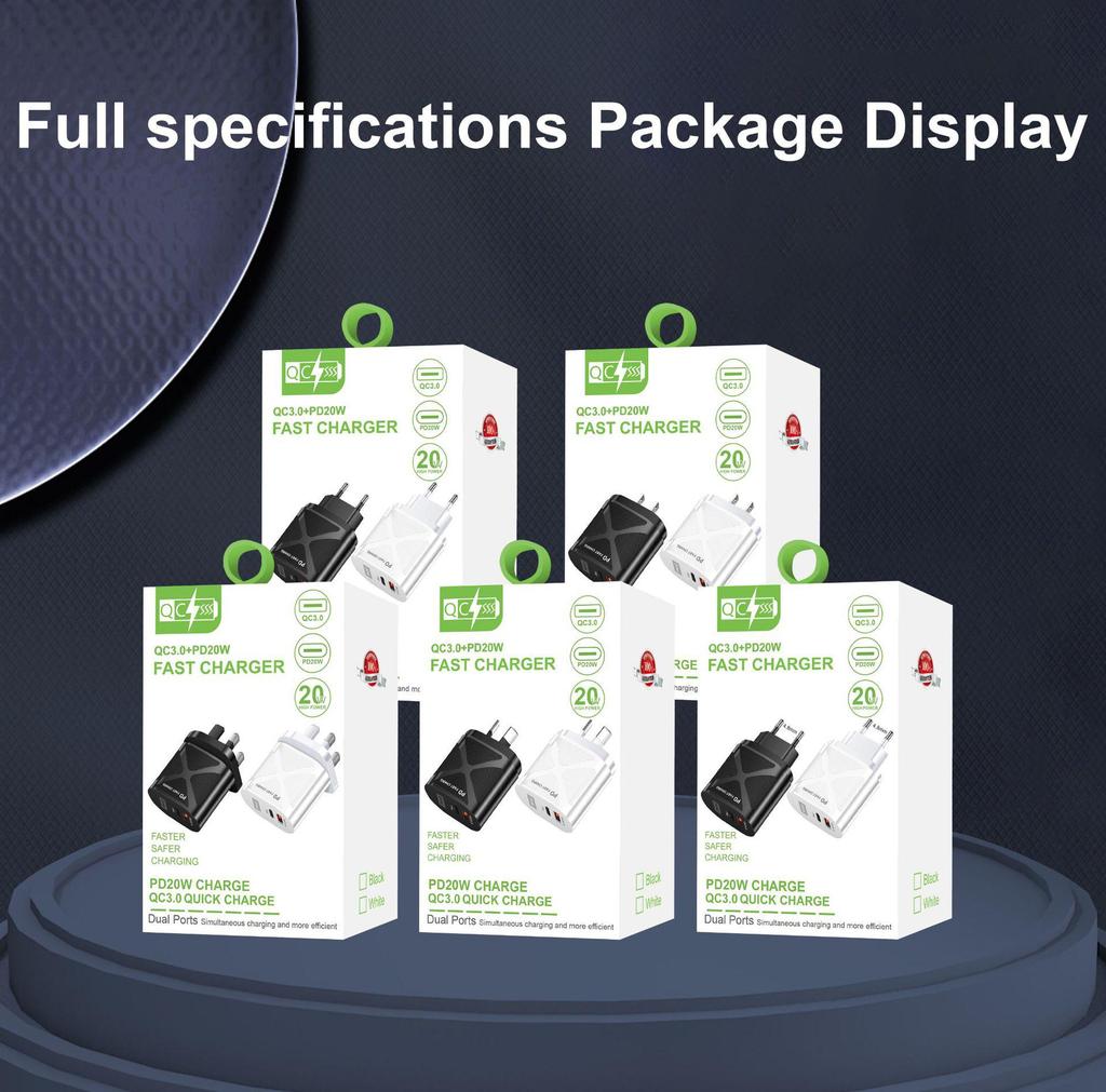 USB Travel Charger 5V/9V/12V with PD20W & QC3.0 Fast Charging - US/EU/UK Standard