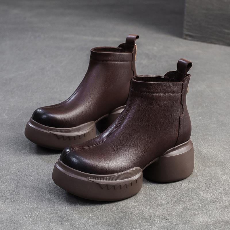 Johnature Plush Warm Thick Soled Short Boots Genuine Leather Round Toe Versatile Comfortable Women's Shoes