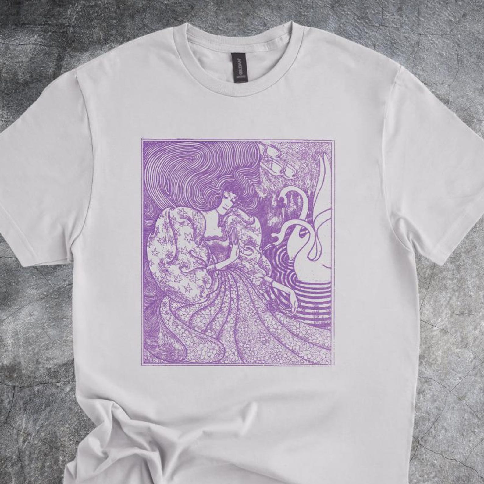Purple Art Nouveau Woman And Swan Illustration Tshirt With Flowing Line Art Style gray 160