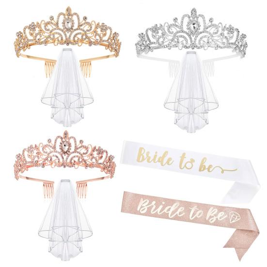 Bachelorette Party Accessories Set Rhinestone Crown Bride to Be Sash Veil Bridal Shower Decoration for Bachelorette Night Party Supplies