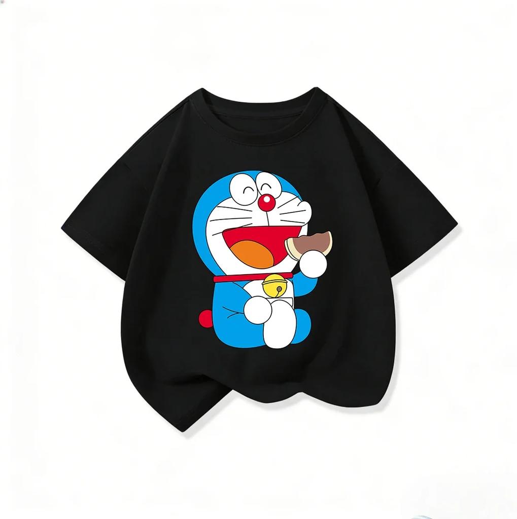 Cute Boys Girls Short Sleeve T Shirt Doraemon Cartoon Pattern Crew Neck Comfort Summer Casual Daily Wear 3 To 14Y