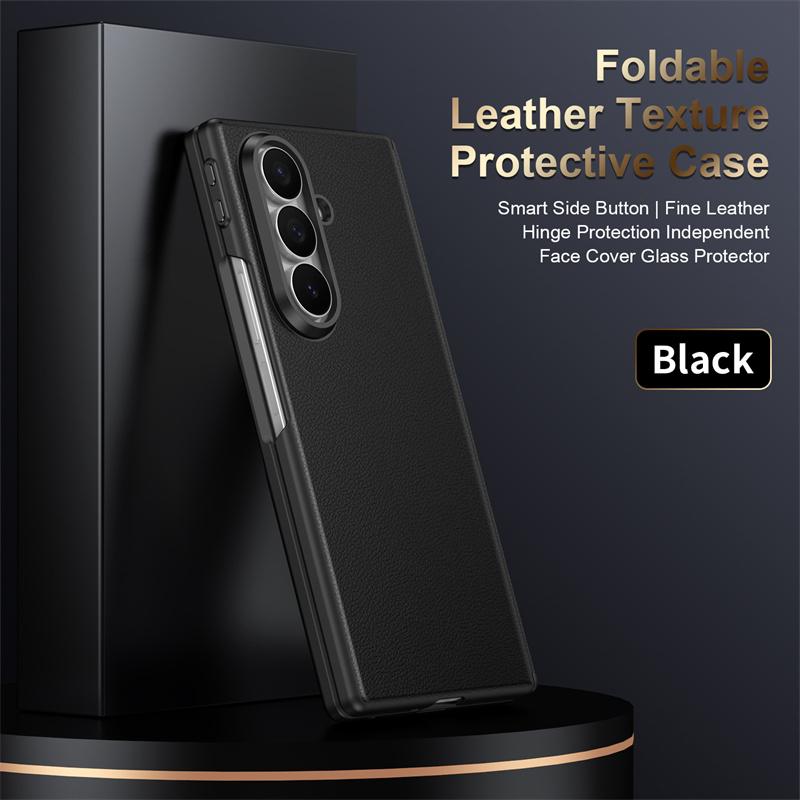 Luxury Smart Plain Leather Phone Case for Samsung Galaxy Z Fold 7 6 5 4 360 Full Protection Hinge Screen Glass Shockproof Cover