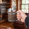 Rustic Wood Grain Beer Cup Barrel Mug, 600ml Stainless Steel Liner Stein, Insulated Mug Tankard for Pub Home Bar Party Gift