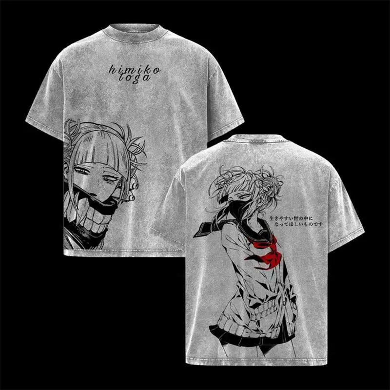 My Hero Academia Toga Himiko Tshirts Vintage Washed T Shirts Men Women Hip Hop Tees Tops Cotton T-shirts Short Sleeve Clothing