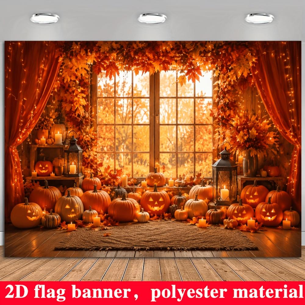 2D flat flag Halloween autumn-themed background fabric with pumpkin lanterns and autumn leaves candleszyc