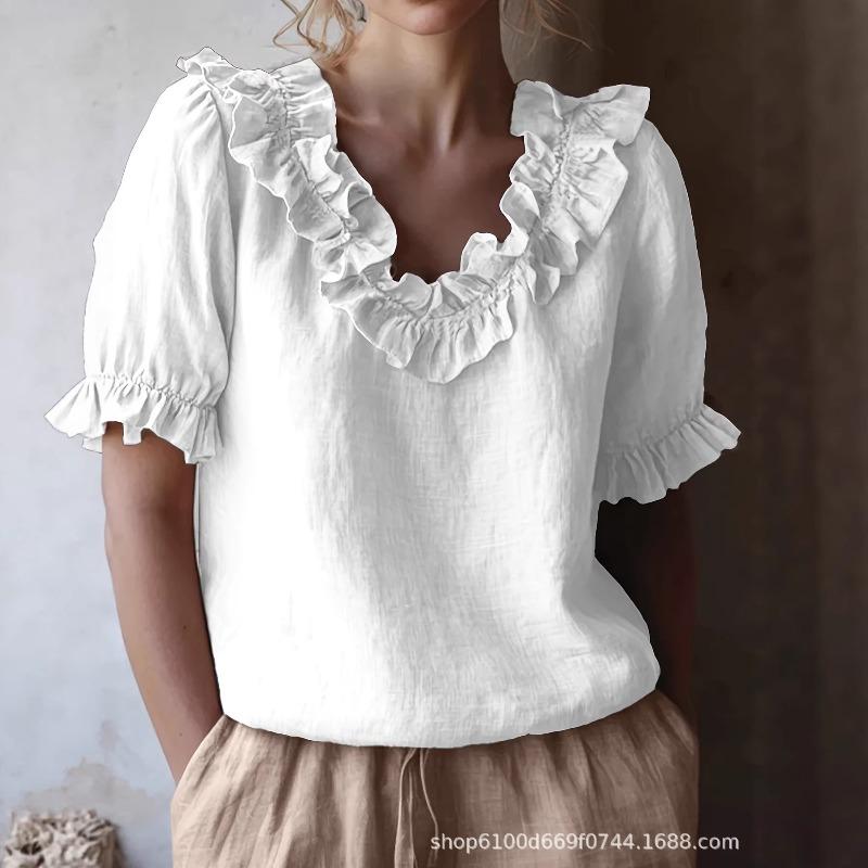 Women's Summer Solid Color Short Sleeve Shirt, Vintage Pullover Blouse