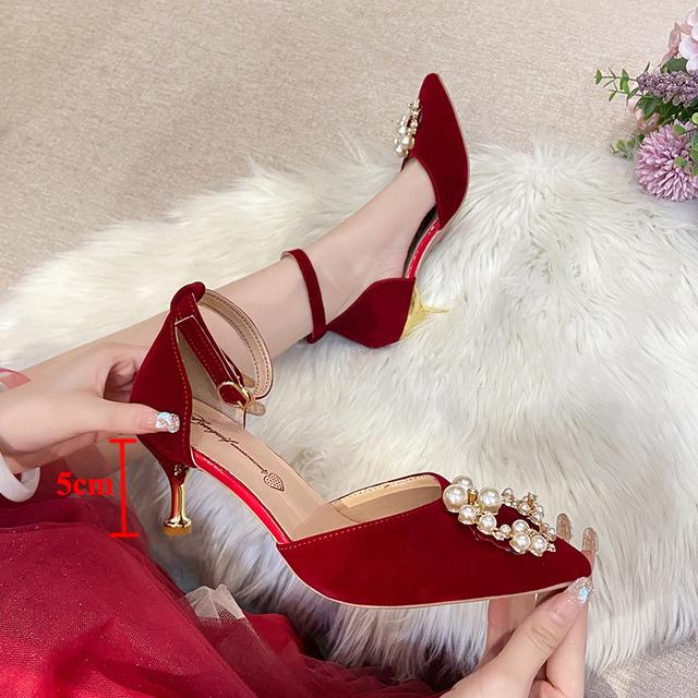 Rimocy Elegante Perlenschleife Hochzeitsschuhe Damen Kristall Knöchelriemen Dünne Absätze Pumps Damen Spitzschuh Rote High Heels Schuhe