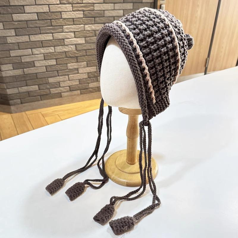 Japanische handgewebte gestrickte Wollmütze mit Fransen für Kinder, verdickt warm und vielseitig im Herbst und Winter, Studenten-Ohrenschutz-Schlupfmütze