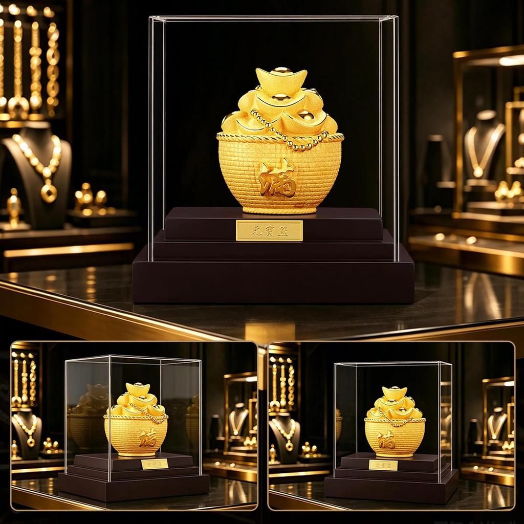 Auspicious Ingot Basket Wealth Figurine, Premium Sandblasted Metallic Sandy Finish, Oriental Feng Shui Art Style Decor, Prosperity Centerpiece for