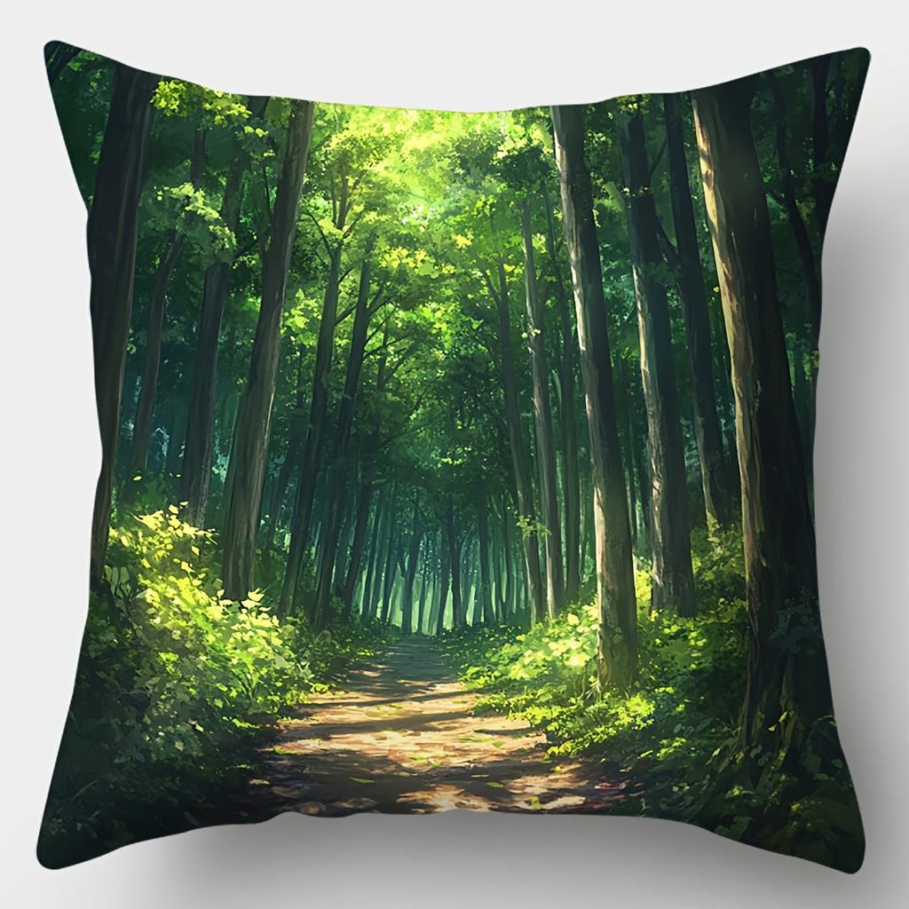 Sunlit Forest Path Throw Pillow Covers, Green Woodland Nature Scenery Cushion Cases, Decorative Pillowcases For Living Room Sofa