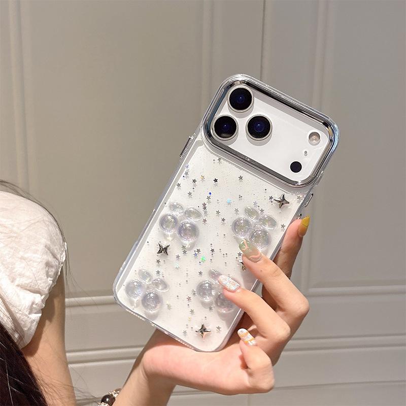 

Small Fresh Glitter Mobile Phone Case For Iphone16Promax Cherry Apple 17 Sequins Transparent Stars iPhone 17Promax