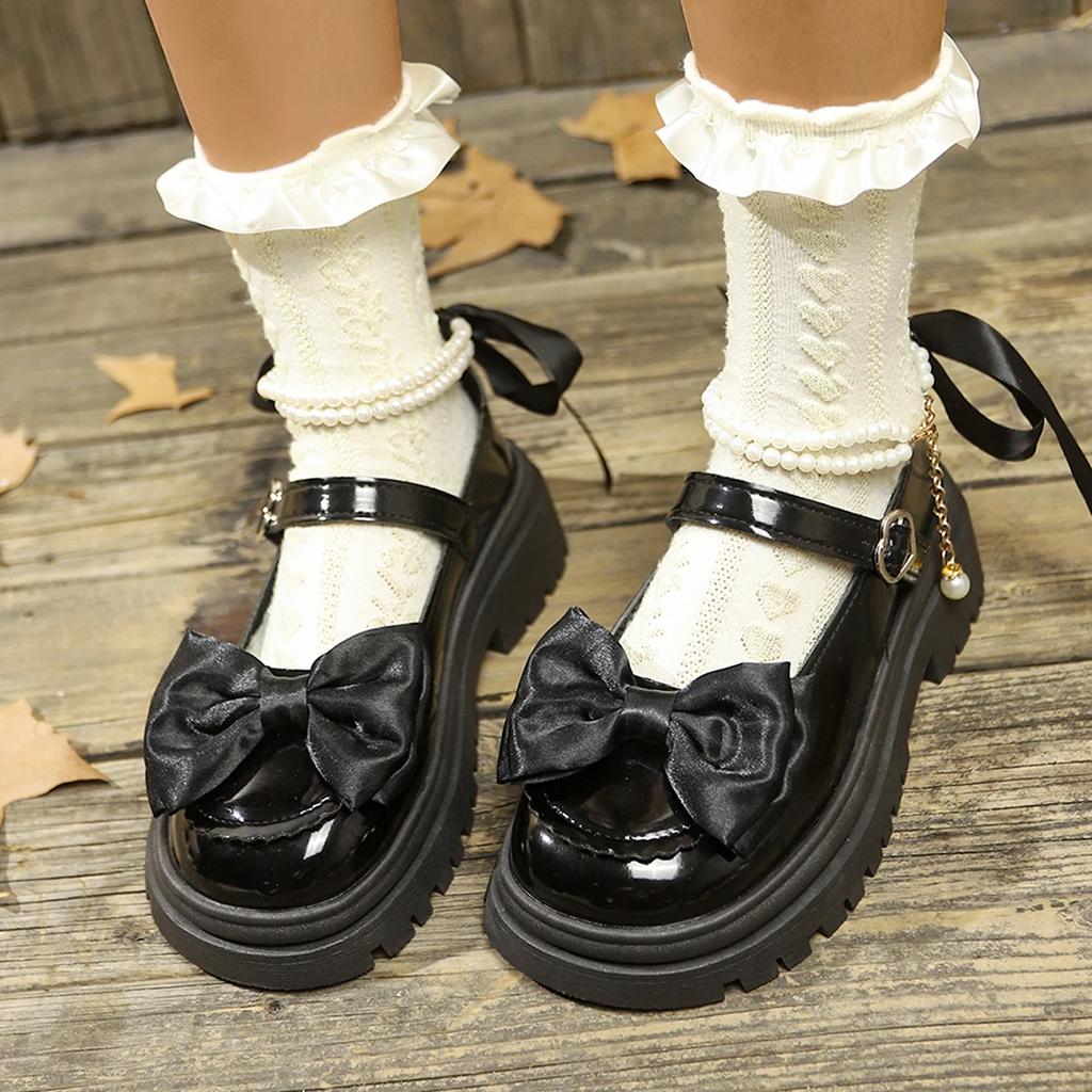 Women Lolita Shoes New Pearl Chain Mary Jane Shoes Woman Fashion Versatile Outdoor Platform Heels Shoes Women