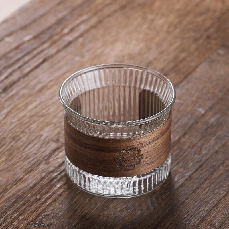 MULTIPOTENT Vertical Pattern Glass Teacups with Ruyi Wooden Sleeves, 170ml (Set of 2)