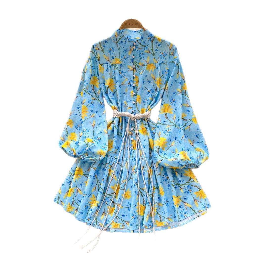 French retro blue long-sleeved floral dress women's stand-up collar lace-up waist thin A-shaped dress lady style