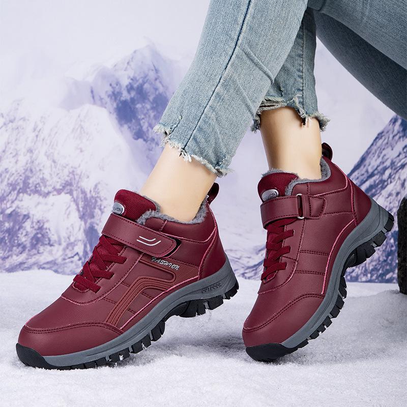 PU Leather Winter Ankle Boots Women Plush Warm Cotton Shoes Wear-resistant Non-slip Outdoor Sneakers for Hiking Walking