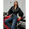 Women Black Faux Leather Jacket Wide Lapel Lantern Sleeve Slim Fit