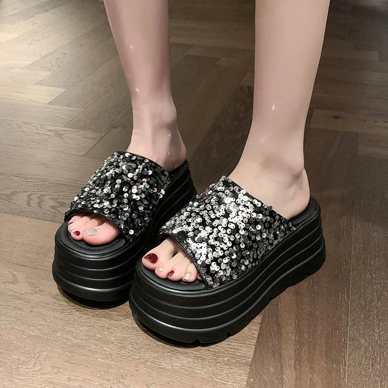 Fashion 8CM Thick Bottom Summer Bling Slippers Women's Sandals Women Wedges High Platform Flat Shoes Woman Beach Open Toed Flip Flops