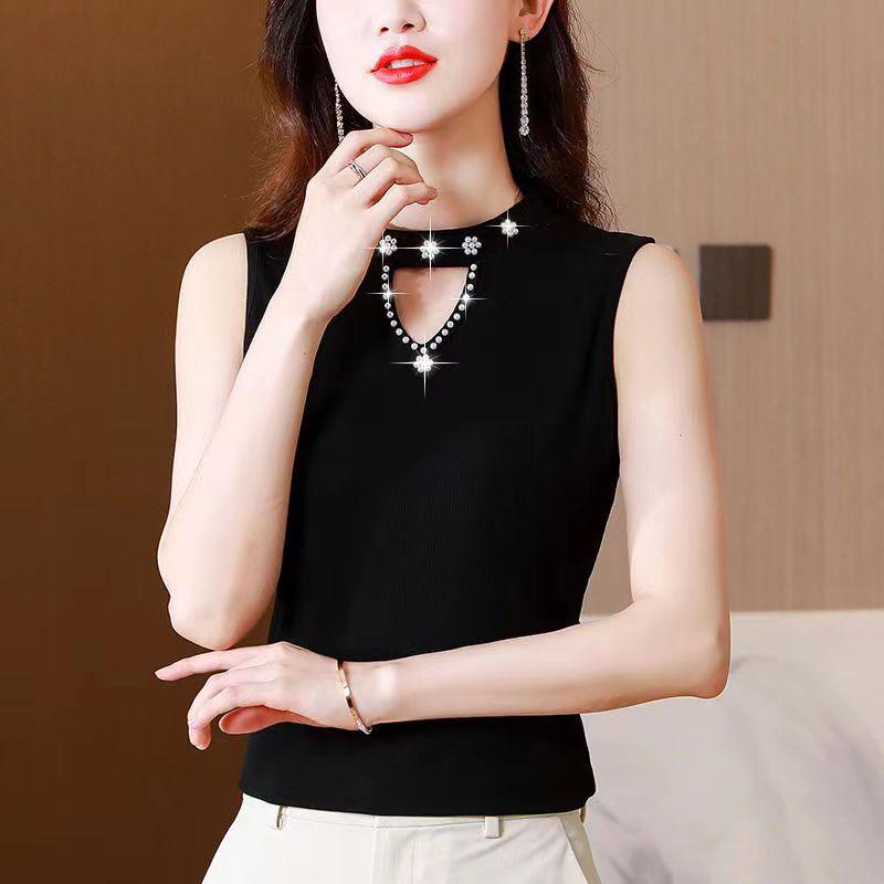 

2025 лето новый черный топ на бретелях, женская базовая майка с бусинами и ажурной вязкой, приталенный вязаный жилет M чёрный