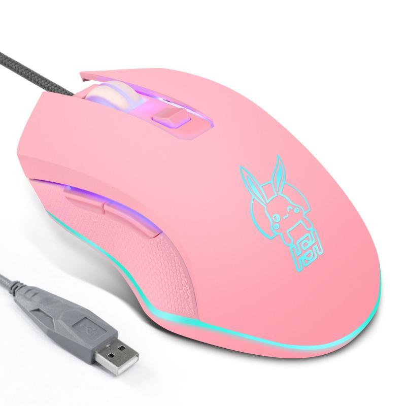 RYRA USB-Typ-C-Maus mit Kabel, bunt, leuchtende Gaming-Maus, neu, rosa, niedlich, Kaqiu-Maus, optische Maus, schillernder Gamer, rosa, süß